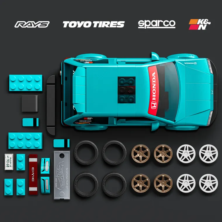 Mattel Brick Shop, Hot Wheels, Speed Series '90, Honda Civic EF, set de constructie, 248 piese