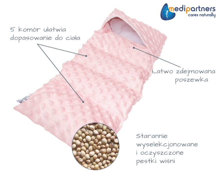 Medi Partners, perna termica cu samburi de visine, 5 compartimente, minky, roz, 20-60 cm