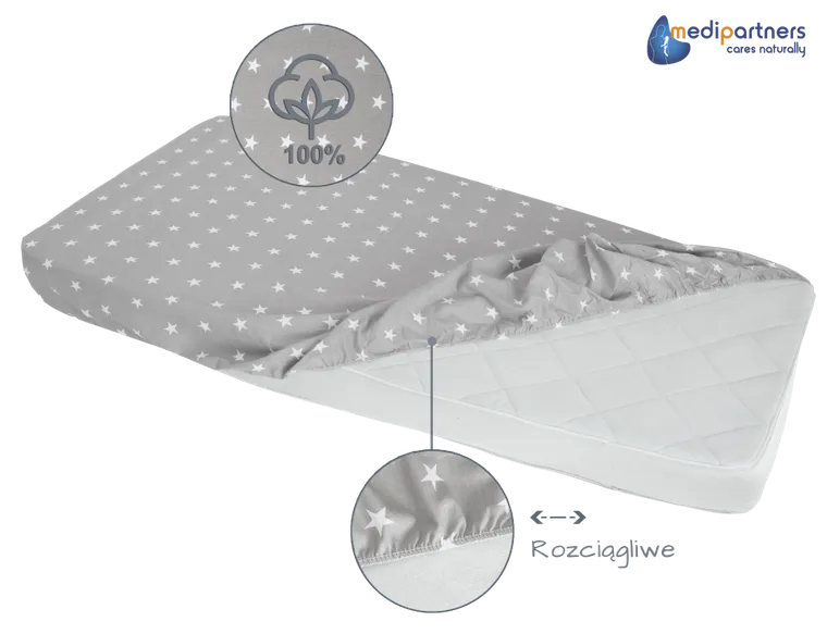 Medi Partners, Stars, cearceaf cu elastic, gri, 60-120 cm