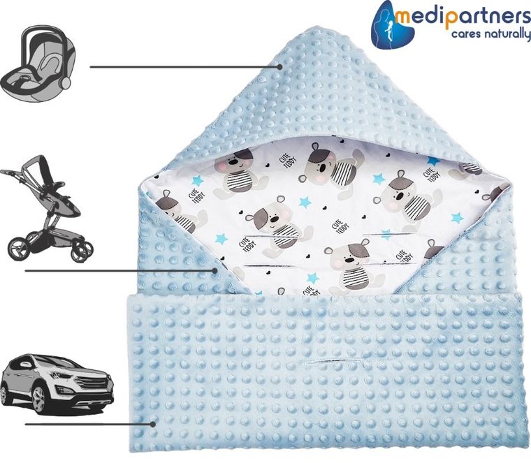 Medi Partners, Teddy, patura cu doua fete cu gluga, albastru deschis, 85-85 cm