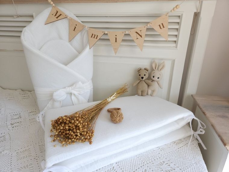 MimiNu, aparatori pentru patut, muselina, crema, 180-30 cm