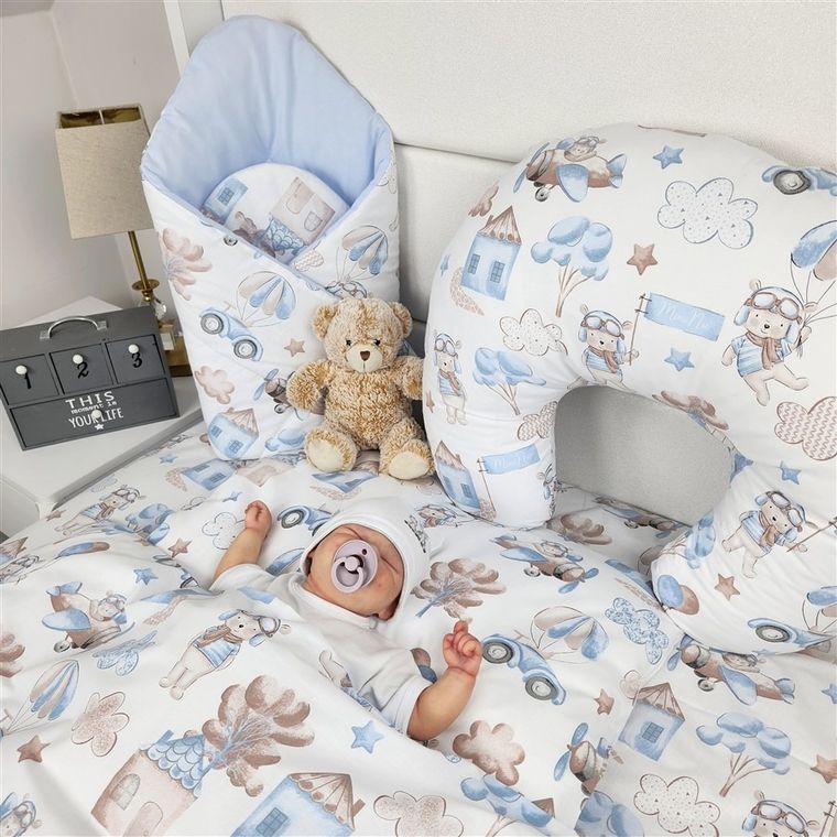 MimiNu, Piloti, set lenjerie de pat single, cu umplutura, 120-90 cm, albastru