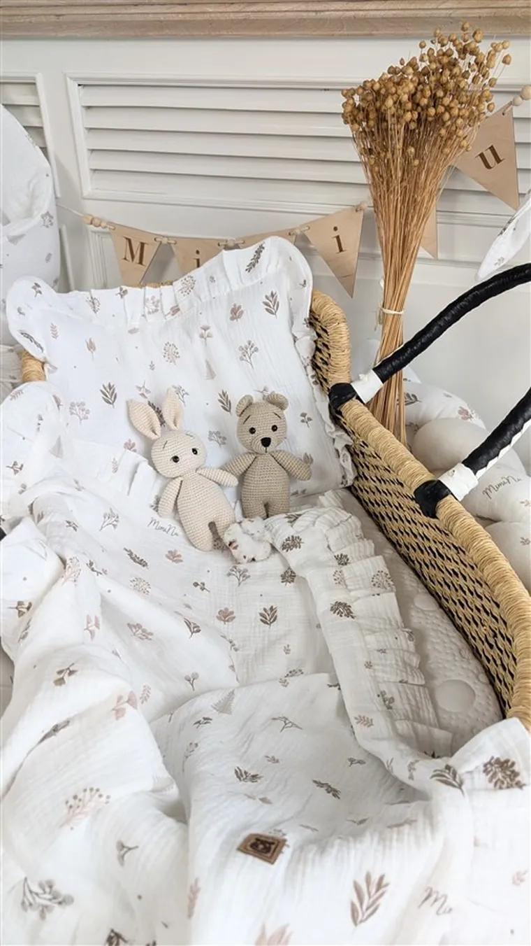 MimiNu, set: patura din muselina, 60-70 cm + perna cu fata de perna, 40-30, frunze bej