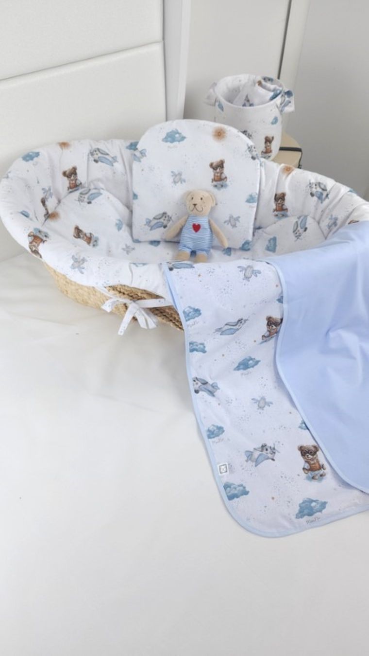 MimiNu, Ursuleti, cearceaf pentru gondola/cos de Moses, cu elastic, albastru, 35-80 cm