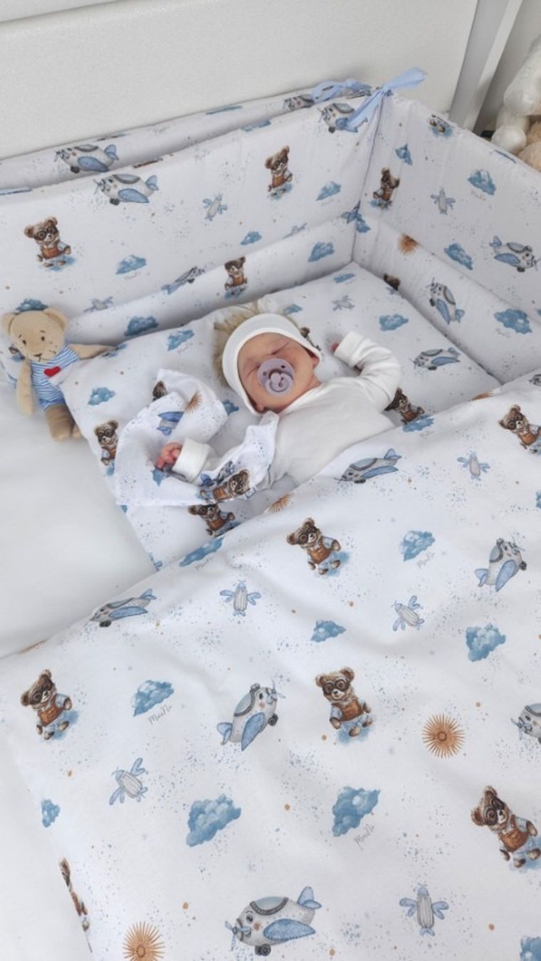 MimiNu, Ursuleti, set lenjerie de pat single, bumbac, albastru, 120-90 cm