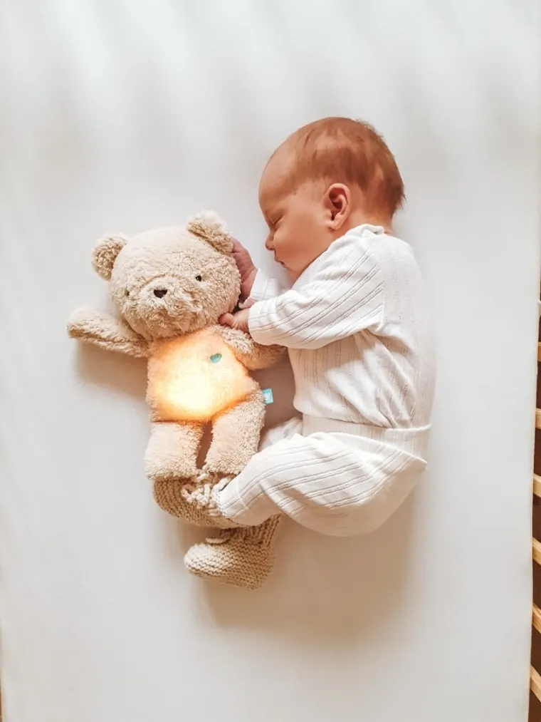 MyHummy (Szumisie), ursulet de plus, mascota bazaitoare cu mecanism 5in1: zgomot, senzor de somn, melodii, batai de inima, lampa, lampa, bej