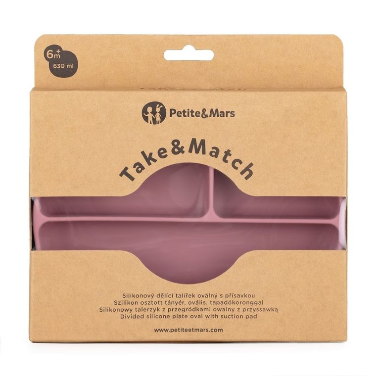 Petite&Mars, Take&Match, farfurie din silicon cu separatoare, ovala, Dusty Rose, 6m+