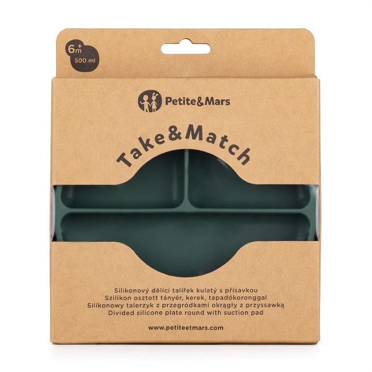 Petite&Mars, Take&Match, farfurie din silicon cu separatoare, rotunda, Green Misty, 6m+