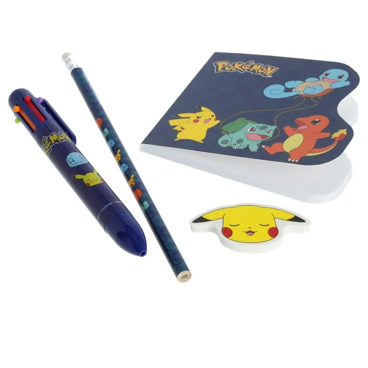 Pokemon, set de rechizite scolare: creion, radiera, stilou cu sase culori, penita, autocolante, 6 buc.