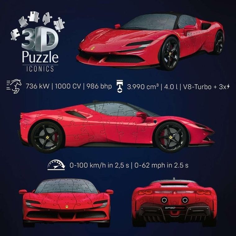 Ravensburger, Iconics, Ferrari SF90 Stradale, 1:18, puzzle 3D, 108 piese