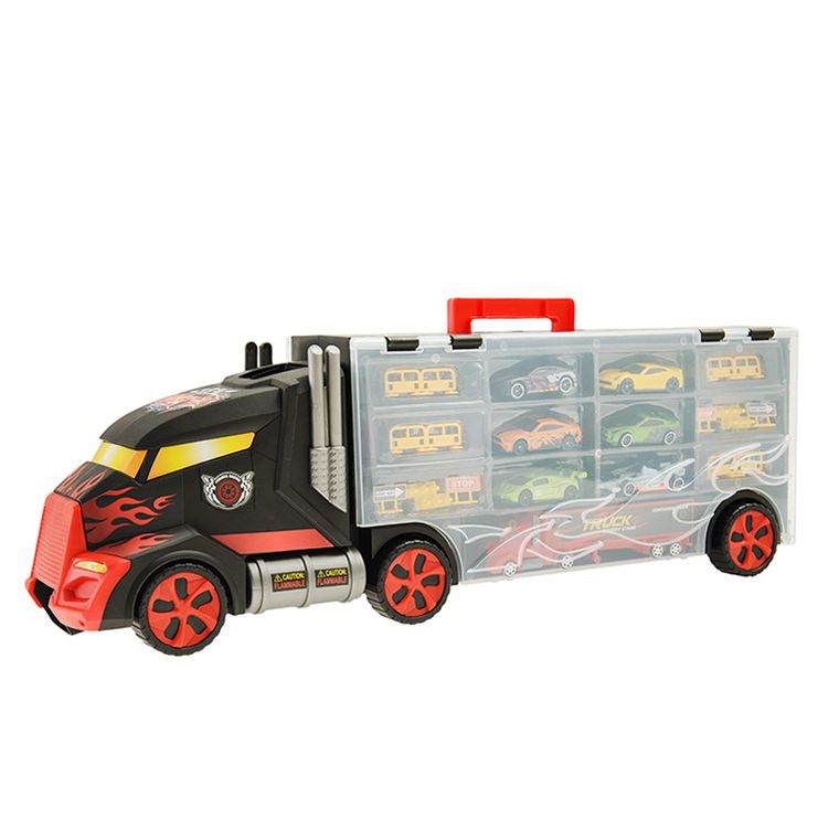 Smiki, camion transportor cu garaj, 6 masinute si accesorii