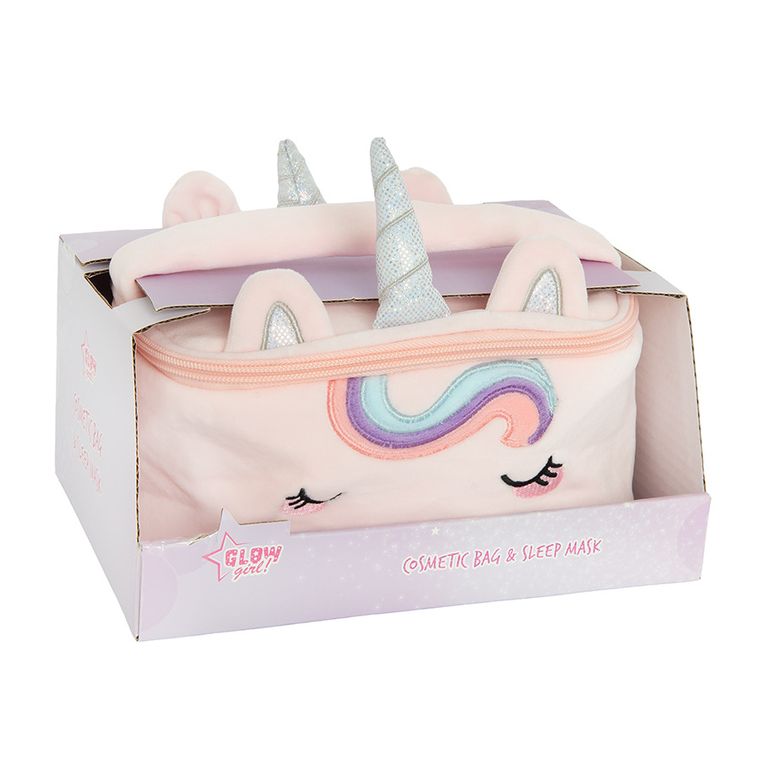 Smiki, Glow Girl, geanta de cosmetice din plus cu masca de dormit, unicorn