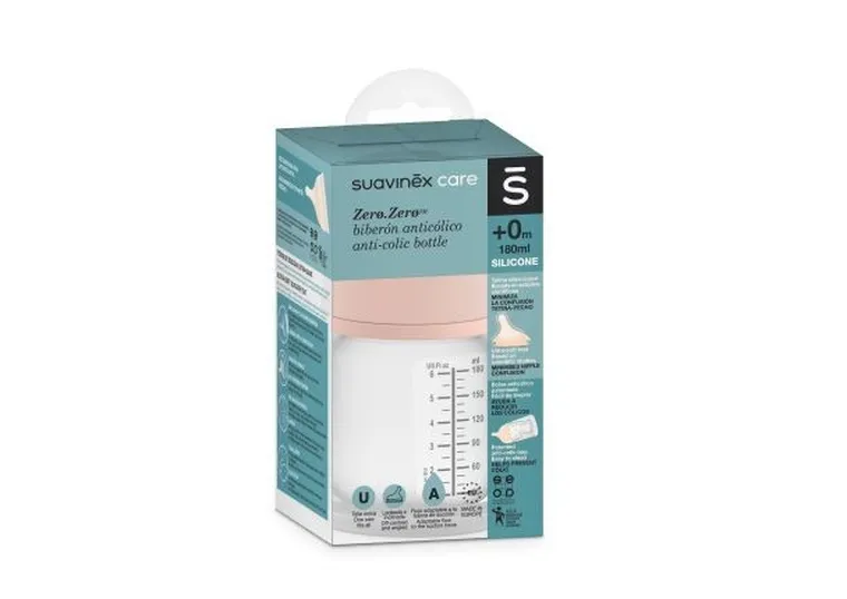 Suavinex, Zero Zero, biberon, tetina din silicon, debit adaptiv, suplimentarea alaptarii la san, 180 ml