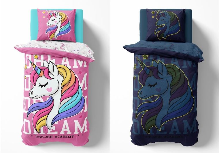 Unicorn, set lenjerie de pat single, fluo, 160-200 cm