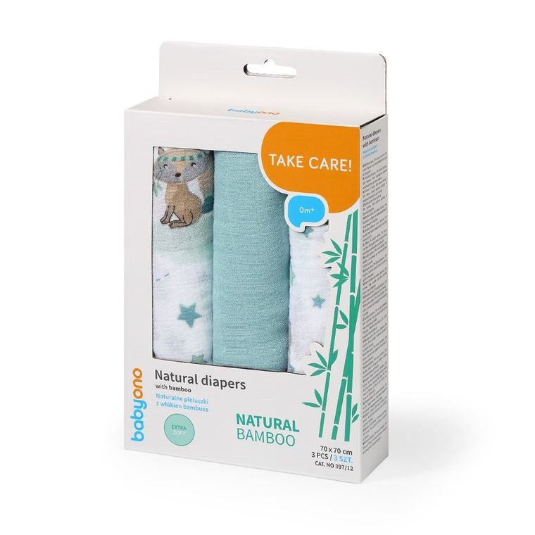 BabyOno, Natural Bamboo, scutece din fibra naturala de bambus, 70-70 cm, 3 buc., albastru