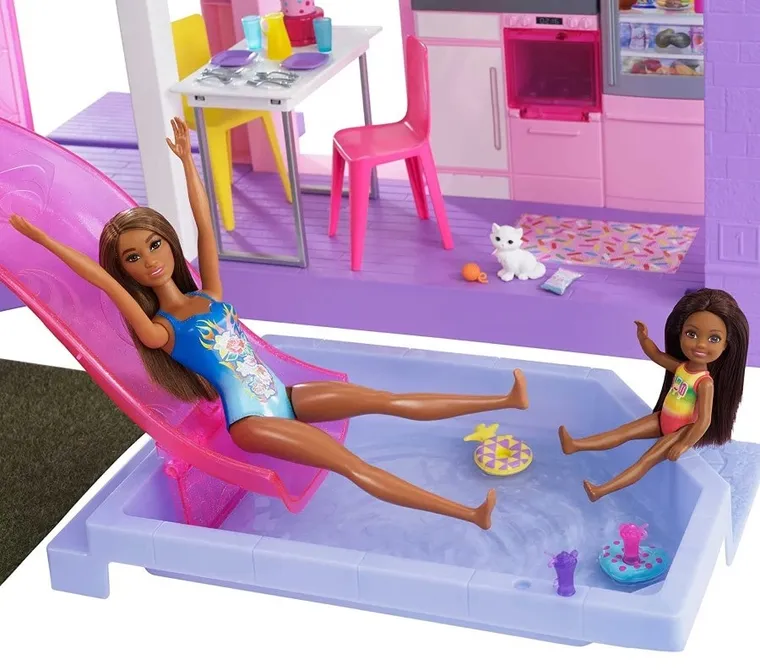 Barbie, Dream House Deluxe, Casa de papusi - 60. aniversare, set de joaca cu 2 papusi, masina si accesorii