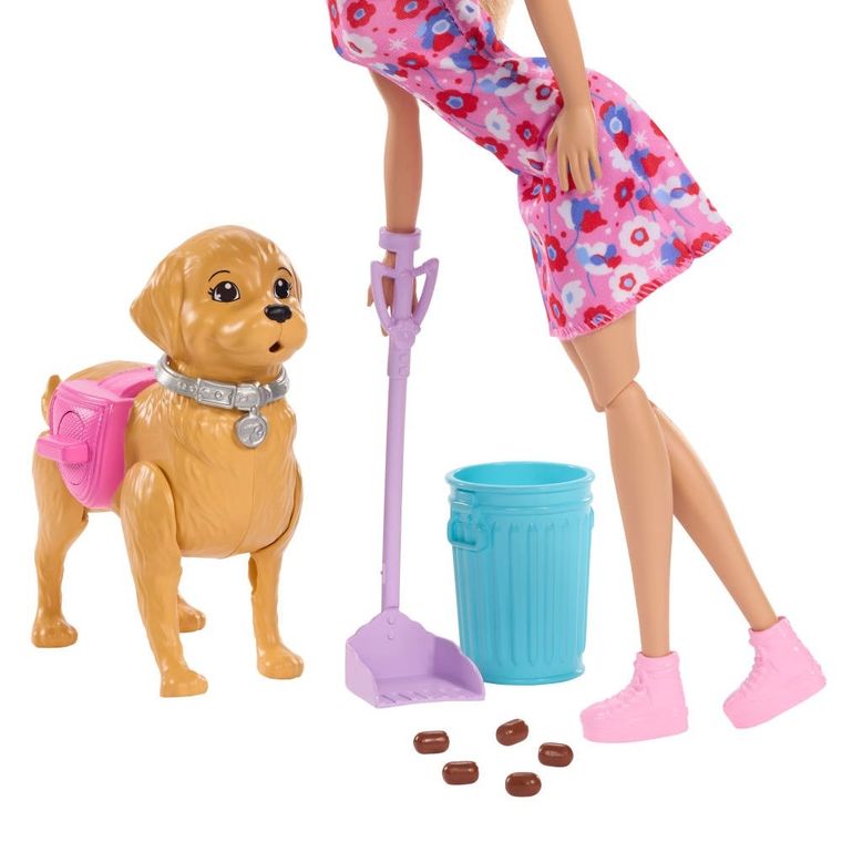 Barbie, Walk & Potty Pup, set de joaca cu papusa Malibu si accesorii