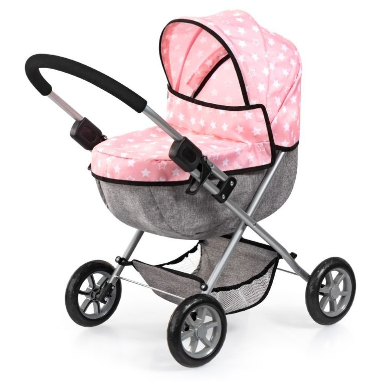 Bayer Design, Cosy, carucior multifunctional pentru papusi, set cu geanta si scaunel, roz-gri cu stelute
