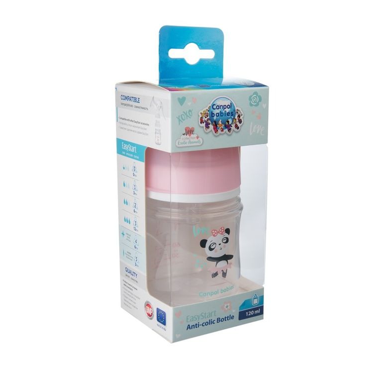 Canpol babies, EasyStart, Exotic Animals, biberon cu gatul larg, roz, 0m+, 120 ml