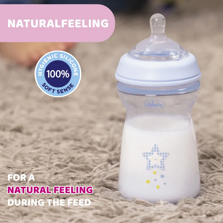 Chicco, NaturalFeeling, sticla din plastic, debit medium, albastru, 6 luni+, 330 ml