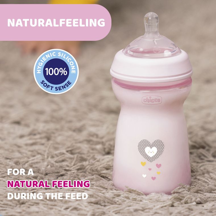 Chicco, NaturalFeeling, sticla din plastic, debit medium, roz, 6 luni+, 330 ml