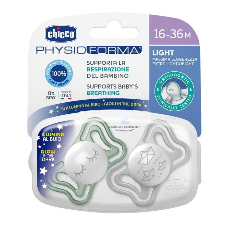 Chicco, Physioforma Light, Lumi, suzeta din silicon, 16-36 m, 2 buc.