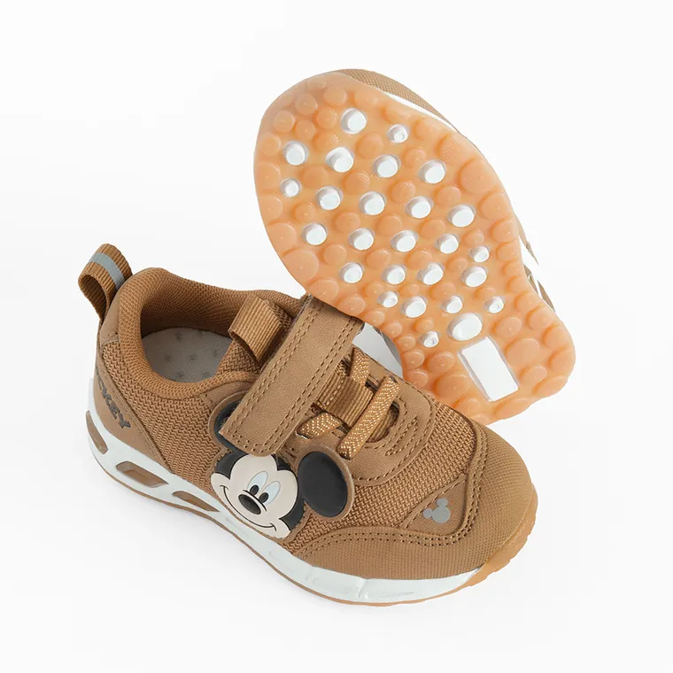 Cool Club, Pantofi sport pentru baieti, maro, talpa cu leduri, imprimeu Mickey Mouse