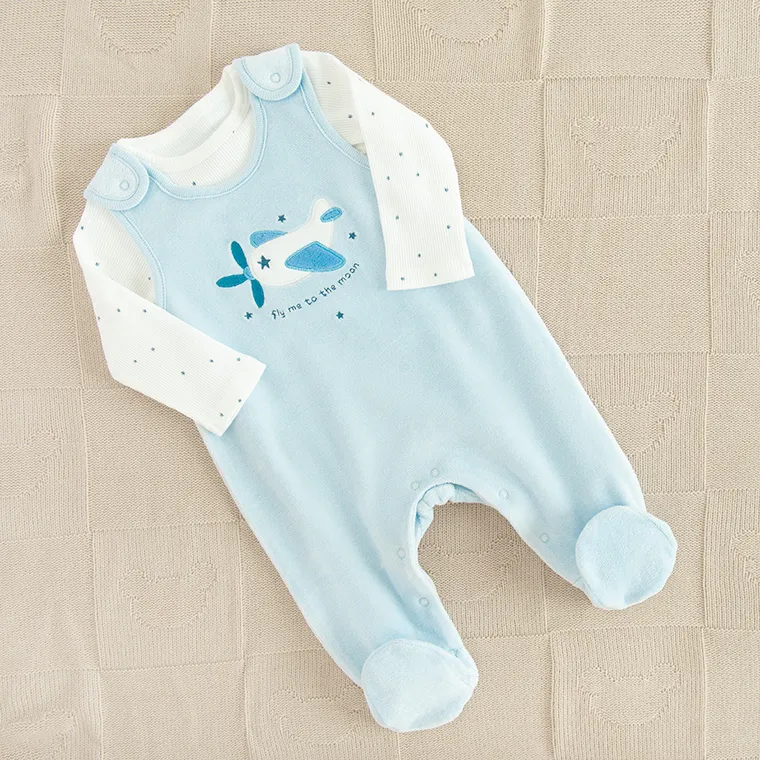 Cool Club, Set pentru baieti, Salopeta cu botosei velur, Body cu maneca lunga, din tricot striat, mix