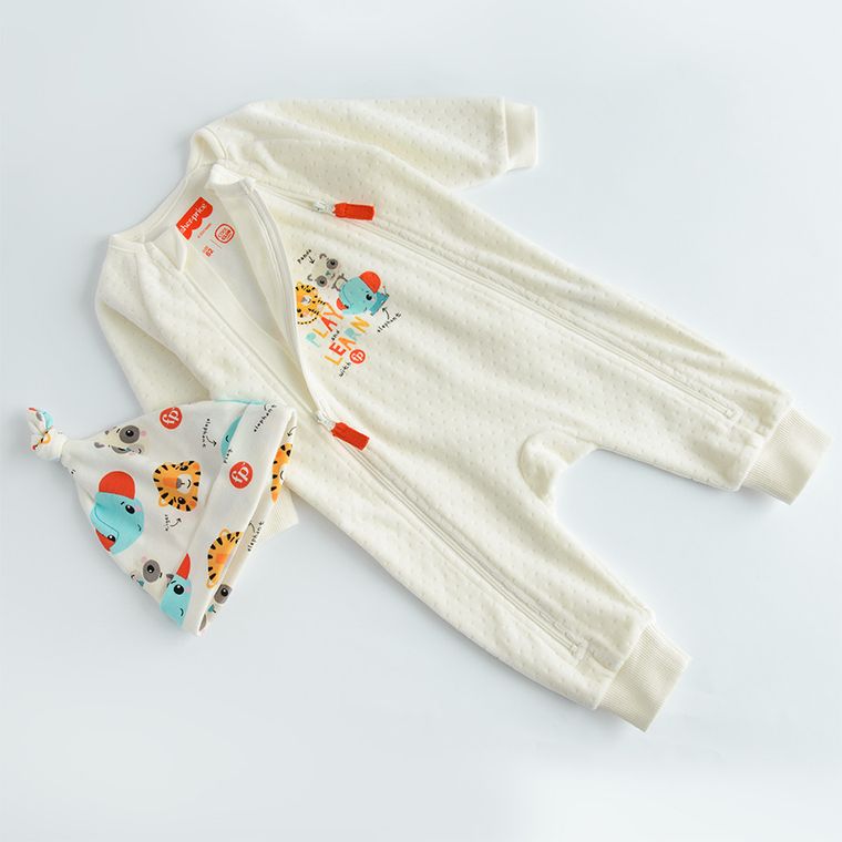 Cool Club, Set pentru bebelusi, Pijama tip salopeta, Caciula, ecru, imprimeu Fisher-Price