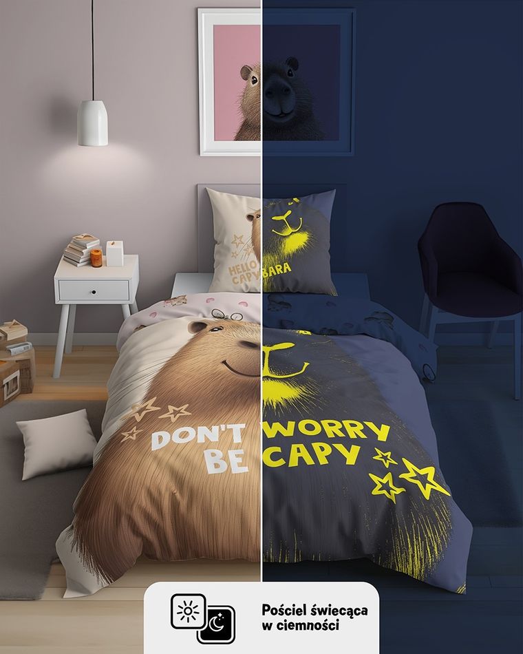 Fluo, set de lenjerie de pat pentru tineri, 140-200 cm + 70-80 cm, Capibara