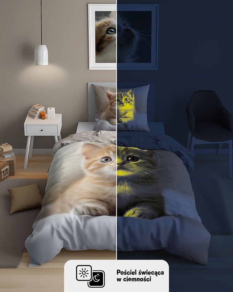 Fluo, set de lenjerie de pat pentru tineri, 140-200 cm + 70-80 cm, Cats