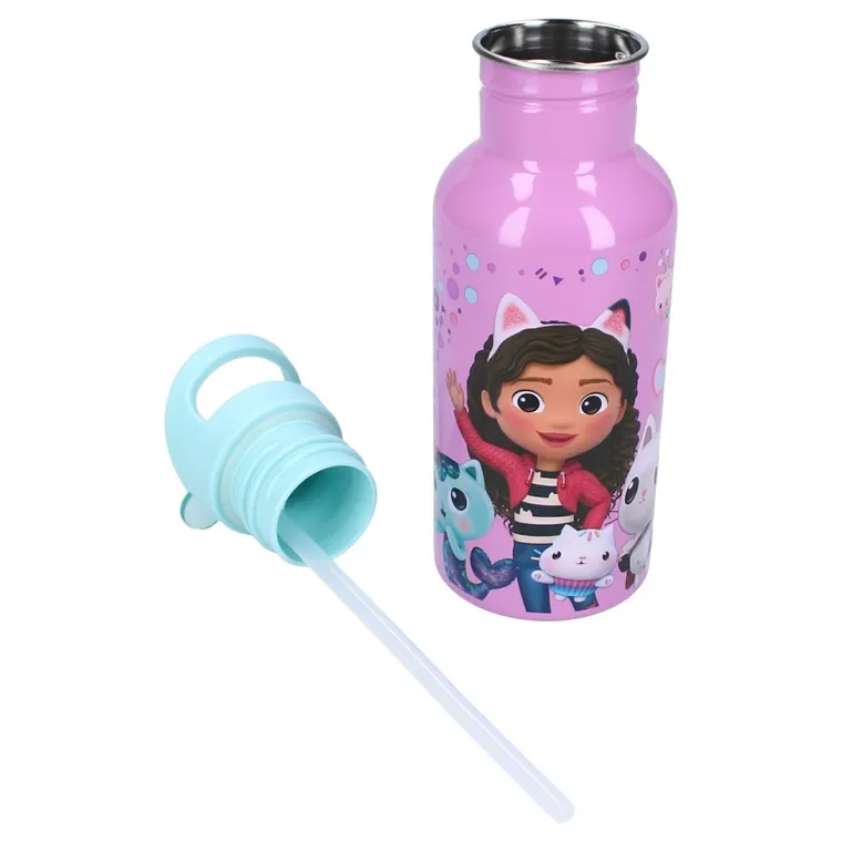 Gabby's Dollhouse, Take a sip, sticla da apa cu pai, roz, 500 ml