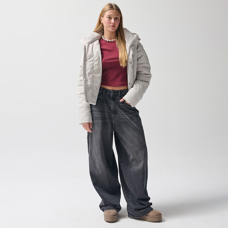 Geaca gri calduroasa cu gluga cropped NOWEAR