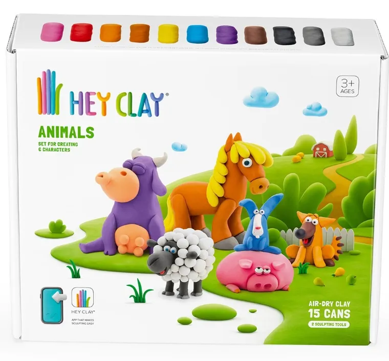Hey Clay, Animals, set creativ, 15 cutii de plastilina