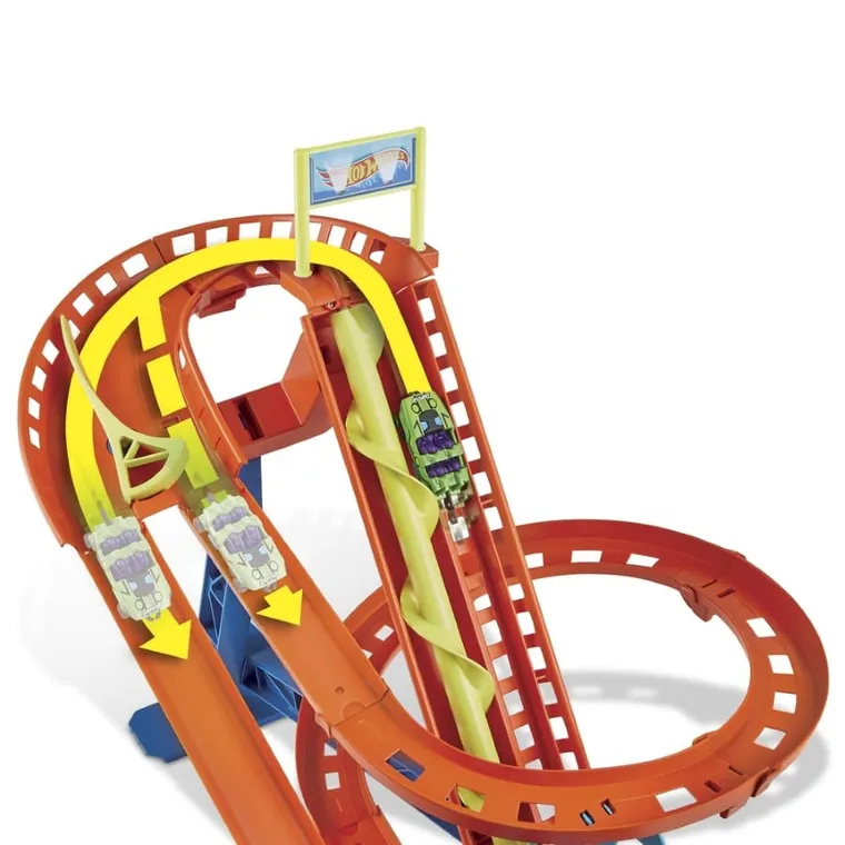 Hot Wheels City, Roller Coaster Rally, set de joaca cu 5 masini + set Corkscrew Jump Champion GRATUIT, set promotional