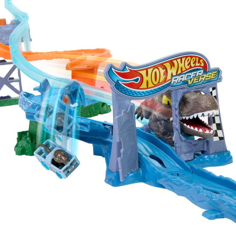 Hot Wheels, RacerVerse Jurassic World, Crash & Splash, set de joaca cu masina