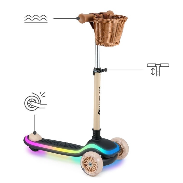 Kinderkraft, Raket, trotineta cu 3 roti LED, Beige