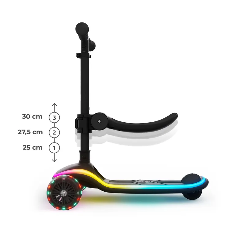 Kinderkraft, RAKET UP, trotineta LED cu 3 roti cu sezut, 2in1, Black