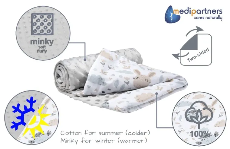 Medi Partners, Animale, patura din bumbac, minky, 75-100 cm