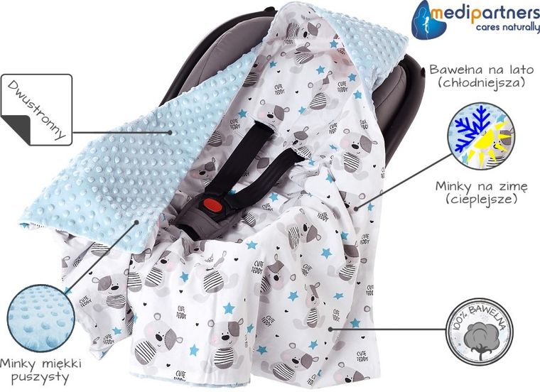 Medi Partners, Teddy, patura cu doua fete cu gluga, albastru deschis, 85-85 cm