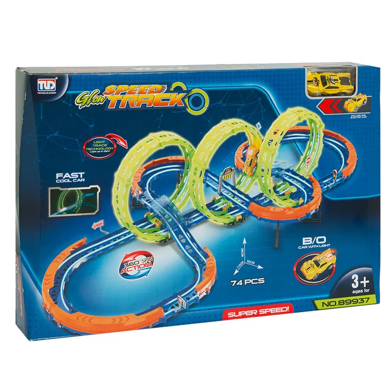 Pista de curse care lumineaza in intuneric, set cu masinuta