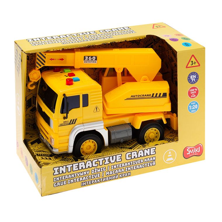 Smiki, Camion cu macara, vehicul interactiv cu lumini si sunete, galben, 1:20