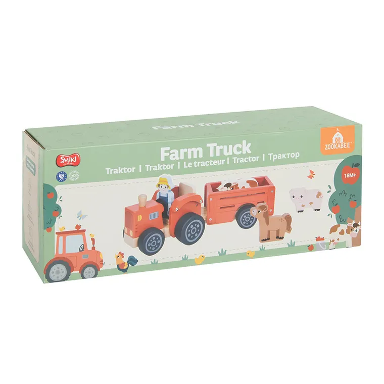 Smiki, Tractor cu remorca si animalute, jucarie din lemn