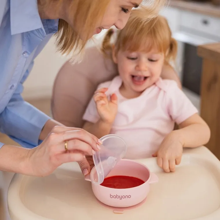 BabyOno, bol din silicon cu ventuza si capac, roz