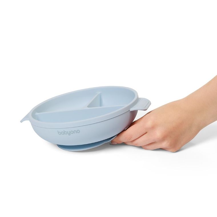 BabyOno, farfurie din silicon cu ventuza si capac, albastru