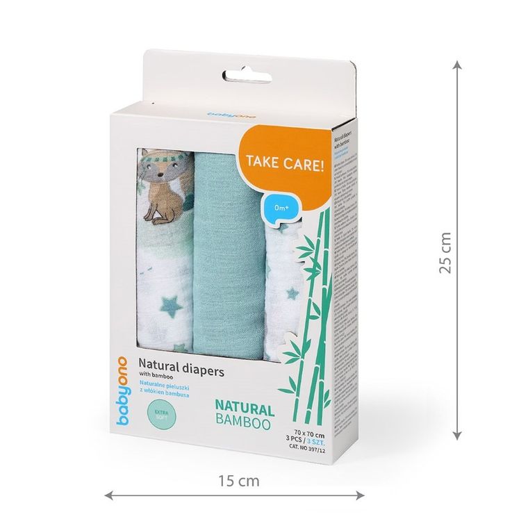 BabyOno, Natural Bamboo, scutece din fibra naturala de bambus, 70-70 cm, 3 buc., albastru