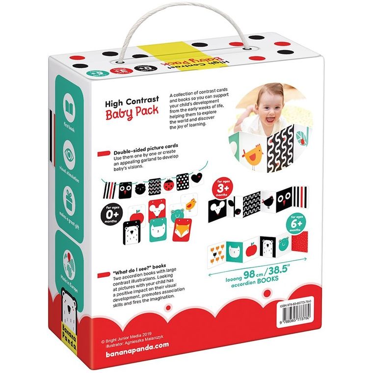 Banana Panda, High Contrast Baby Pack pentru bebelusi de la 0 luni+/3 luni+/6 luni+, set de 2 carti cu contrast, 7 carduri cu imagini cu doua fete si un ghid pentru parinti
