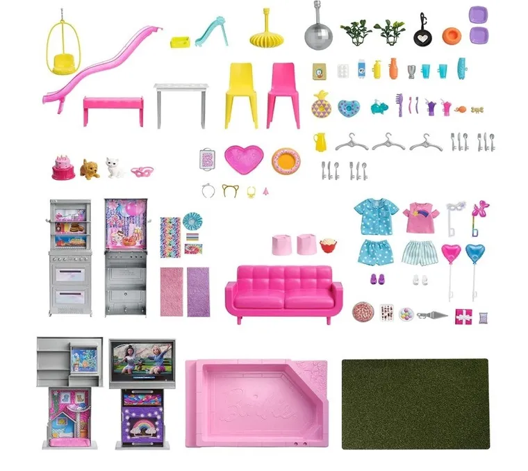 Barbie, Dream House Deluxe, Casa de papusi - 60. aniversare, set de joaca cu 2 papusi, masina si accesorii