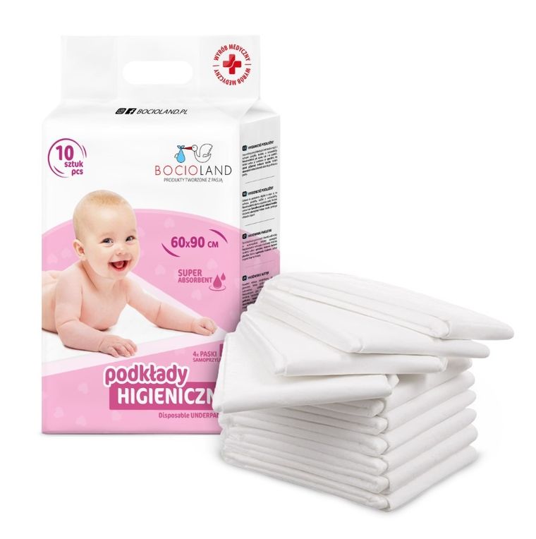 Bocioland, aleze igienice multifunctionale cu benzi autoadezive, de unica folosinta, 90-60 cm, 10 buc.