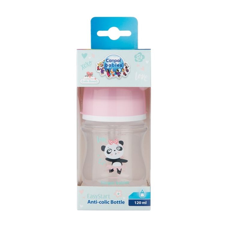 Canpol babies, EasyStart, Exotic Animals, biberon cu gatul larg, roz, 0m+, 120 ml